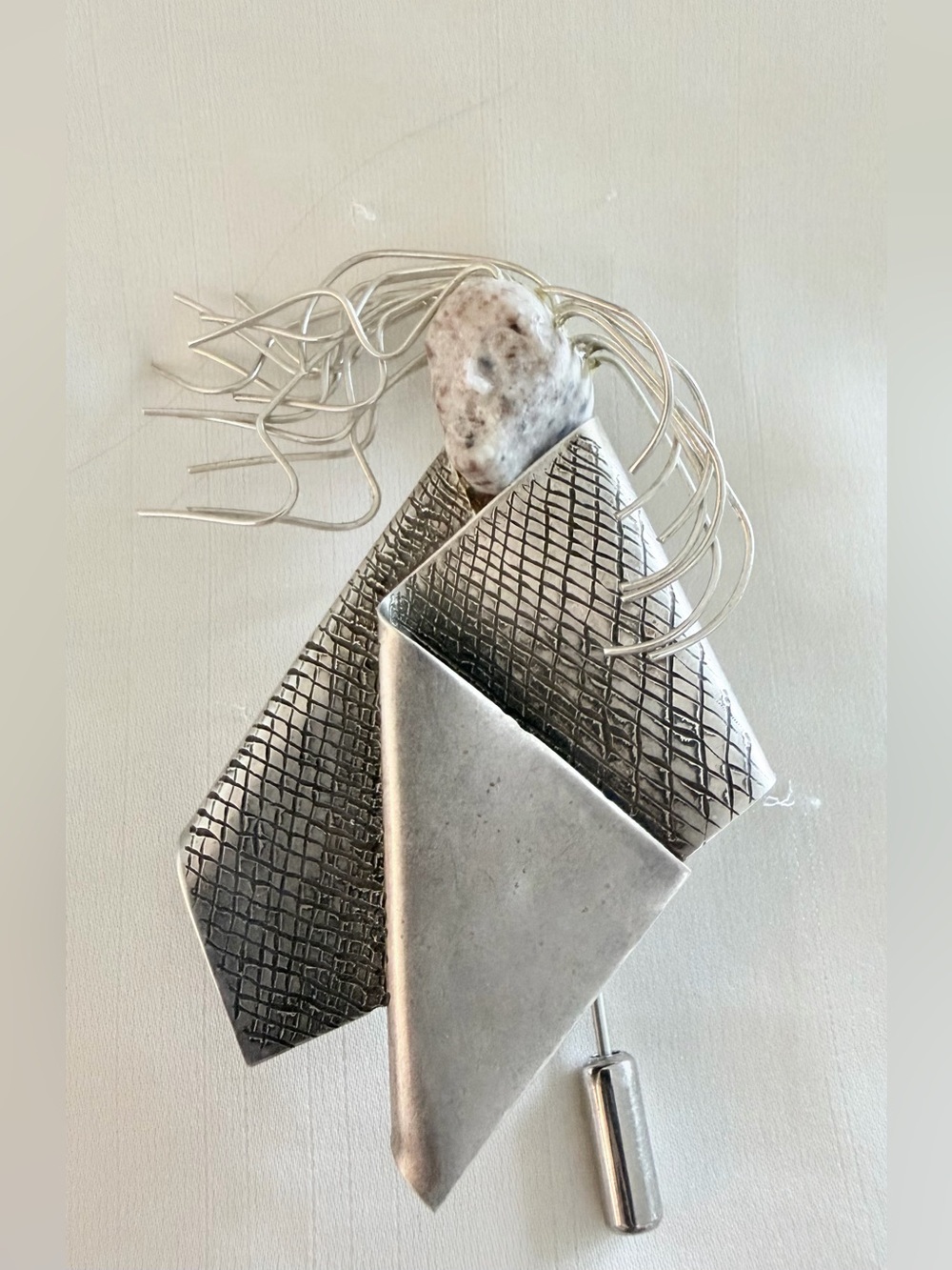 Sculptural Pin From Cherokee Artist/Storyteller J Pinkeye. Sterling Silver Stone